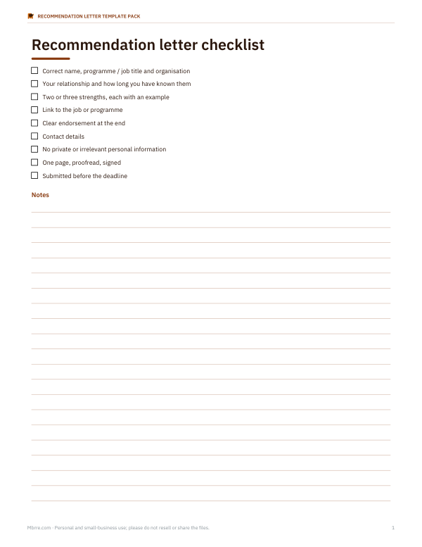 Preview of Recommendation Letter Checklist