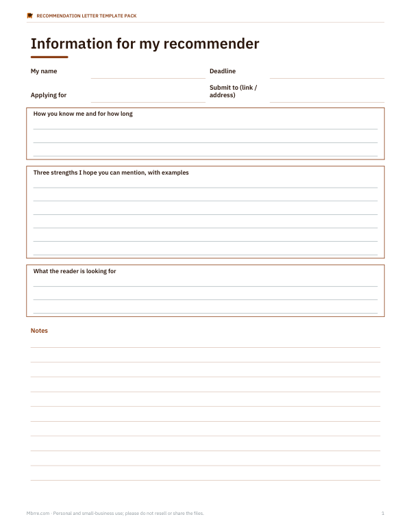 Preview of Printable Recommendation Request Form